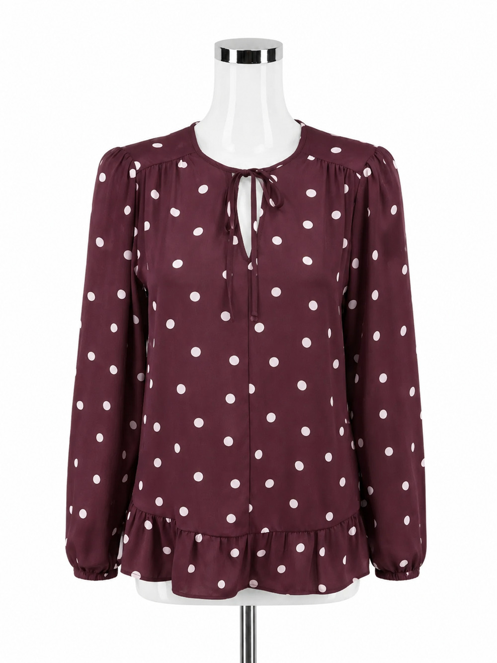 Loft Maroon & Pink Polka Dot Tie Neck Ruffle Hem Blouse Size Small